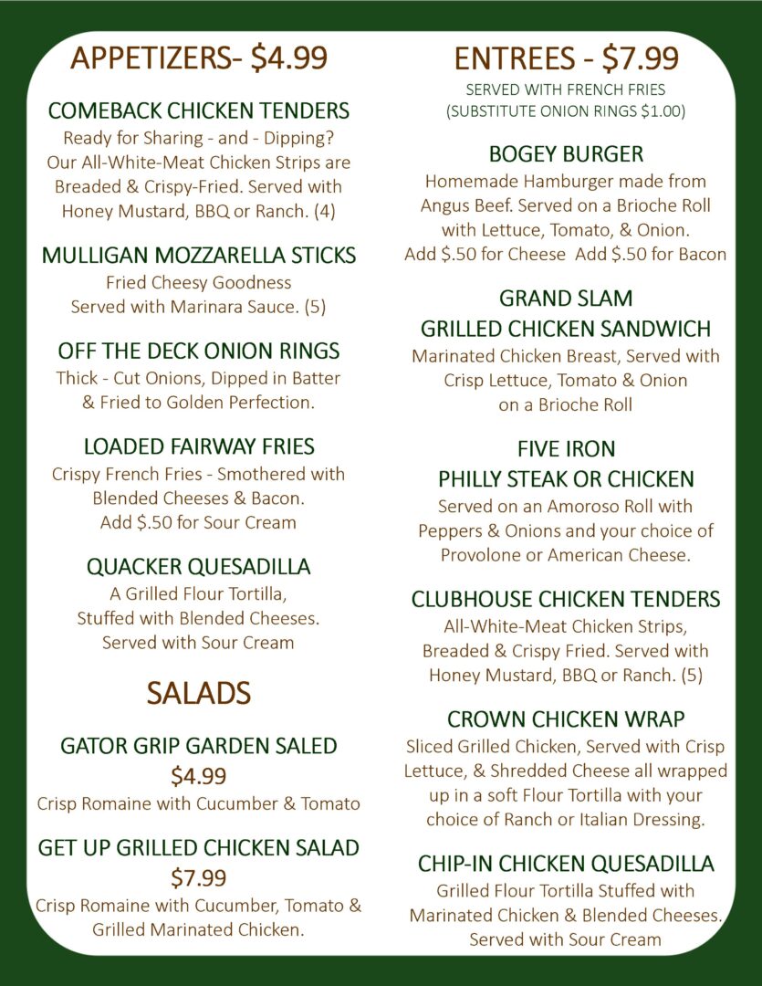 Menu Hickory Hill Golf Course